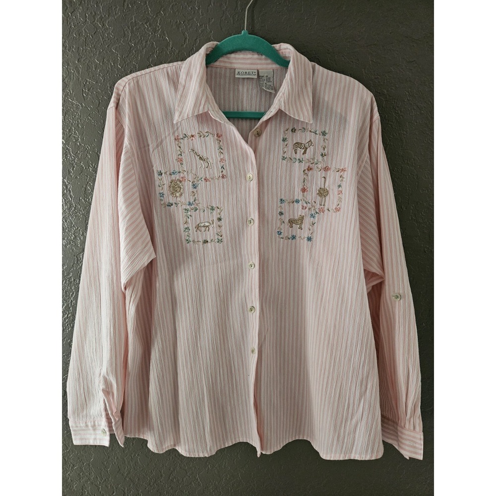 90s VTG Safari Animal Embroidered Shirt Pink Striped Blouse XL Button Up Cottage